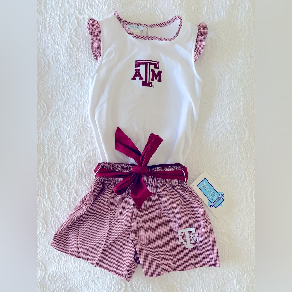 NWT Vive la Fete Collegiate Texas & M Aggie girl shorts & tank outfit size 4T.